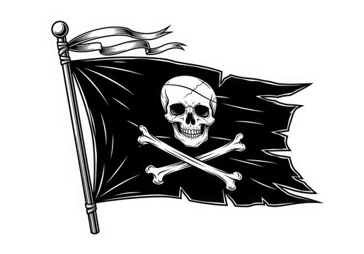 Black pirate flag with skull and crossbones waving