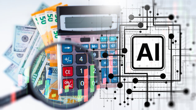 Artificial intelligence finance. Calculator with dollar and euro banknotes beside AI processor and digital stock market chart