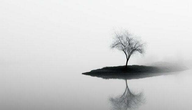 Lone tree on misty islet, reflection in still water