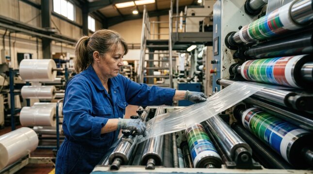 Operator carefully threading flexible film substrate through rollers on a flexographic press ensuring precise alignment and smooth feed during the printing process.