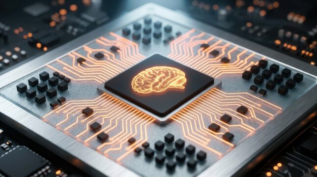 Modern microchip with glowing human brain icon surrounded by intricate golden circuitry pathways on dark background.