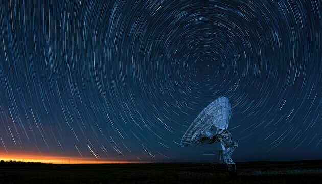 Vast, star-streaked sky circles above a large parabolic dish on flat ground