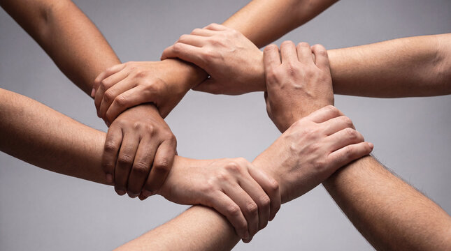 A symbol of unity and cooperation, diverse hands interlock, representing togetherness and collective strength against a neutral background.