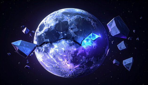 Fractured low poly moon illustration in deep space