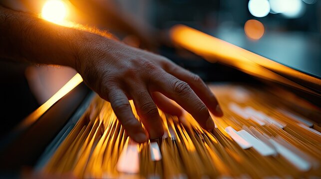 Hand sorting through glowing, amber-lit files in a dark archive