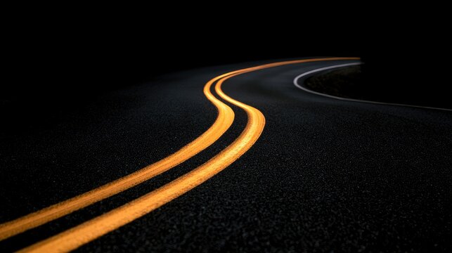 A winding asphalt road with glowing double yellow lines disappearing into darkness