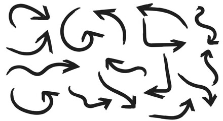 Fototapeta premium Arrow set with dynamic brush strokes and curved movement direction icons for creative design, navigation concept, and infographic flow visualization.