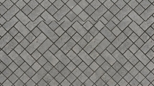 Grey paving stone walkway with a herringbone pattern of rectangular concrete blocks creating a geometric texture for outdoor ground surfaces