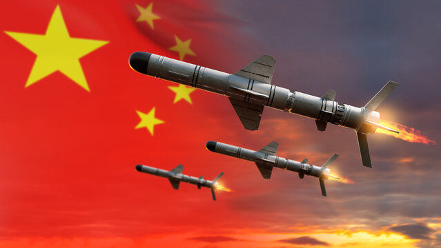 Missile defense. Cruise missiles fly against the backdrop of the Chinese flag, symbolizing military power, strategic deterrence and geopolitical tensions.