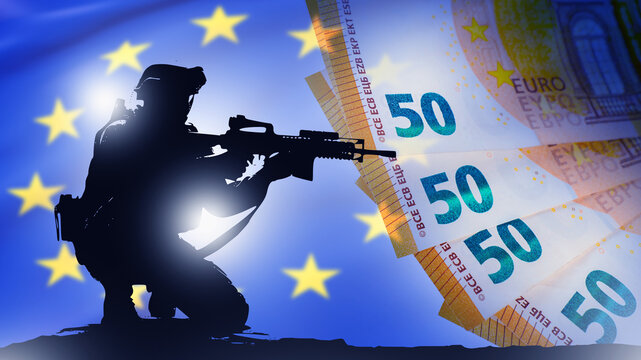 Security and finance. Armed soldier silhouette appears over European Union flag and euro banknotes, symbolizing defense spending and economic risk.