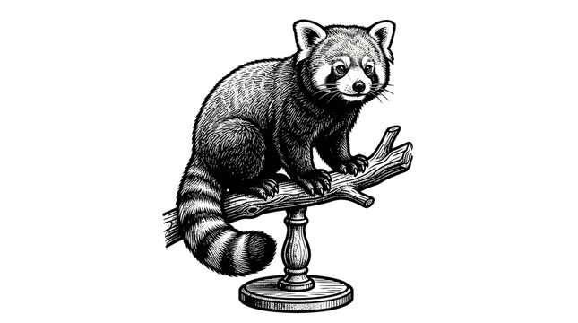 Raccoon sitting on a branch perch.