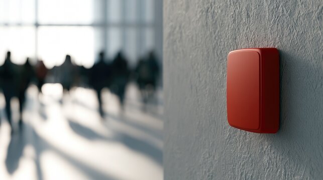 A bright red alarm button mounted on a textured wall, with blurred figures in background