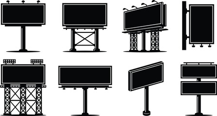 Collection of black flat vector blank billboard silhouettes and outdoor advertising hoarding sign structures © Joynal