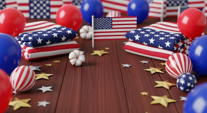 Patriotic American Independence Day celebration background with flags and balloons.