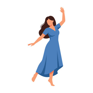 Woman in blue dress dancing alone with arms raised in joy and freedom outdoors