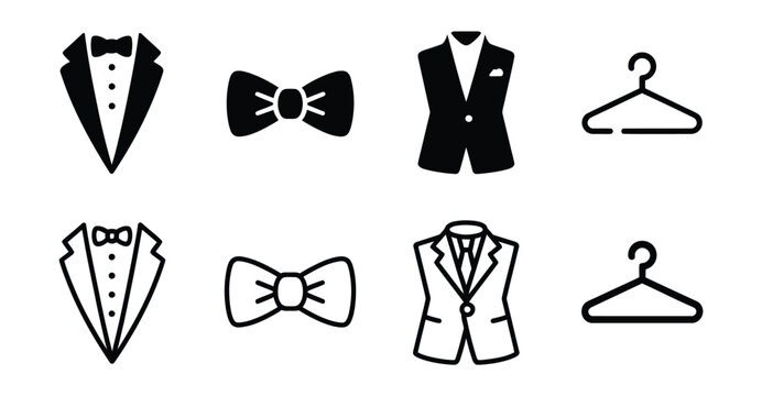 Formal tuxedo clothing icon set, black and white suit, bow tie, blazer and hanger symbols for wedding, fashion and apparel design.