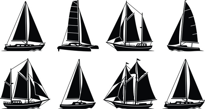 Collection of flat vector sailboat and catamaran silhouettes for nautical and marine design concepts