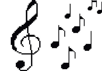 Set of retro black pixel art musical notes and treble clef symbols for music, song, orchestra © AHvect