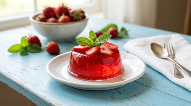 Strawberry jell o dessert presentation with fresh berries and mint garnish bright natural light