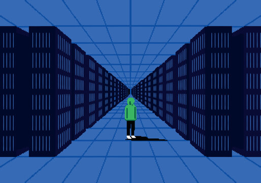 Retro pixel art hacker character in a blue server room corridor for gaming, cyber security, and technology-themed digital projects