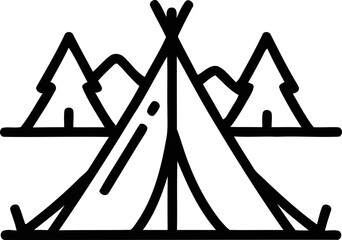 Tipi tent with mountains and pine trees, outdoor camping adventure, minimalist line art © Hanaf