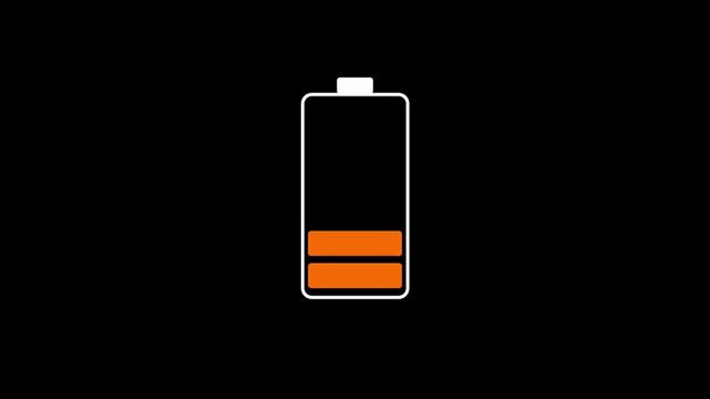 Digital battery icon animation displays fluctuating power levels with changing colors on a black background representing energy consumption and charging status in loopable motion footage.
