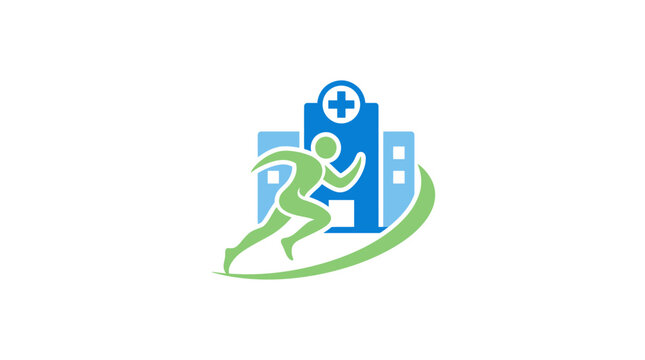 Active Health and Wellness Logo with Running Figure and Medical Hospital Building Vector Icon