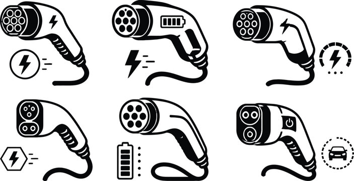 Electric vehicle charging cables with different power and battery icons set