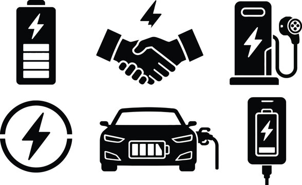Electric vehicle charging icons set with battery and handshake symbols