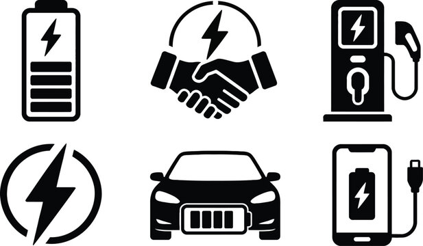 Modern icons representing electric vehicle charging and energy concepts