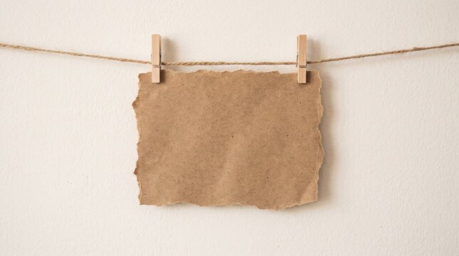 Rough brown textured paper with irregular edges hanging on a string by two wooden clothespins, plain white background.