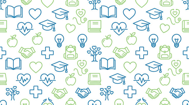 Seamless Minimalist Line Art Pattern with Education Health and Science Outline Icons