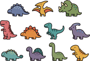 Cute dinosaur clipart collection featuring eleven adorable cartoon dinosaurs in a minimalist kawaii style. Includes Stegosaurus, Pteranodon, Triceratops, Tyrannosaurus, Velociraptor, Parasaurolophus,  © Yael Weiss