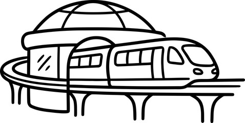 Modern Monorail Train Arriving at Futuristic Station Building with Dome © marlong