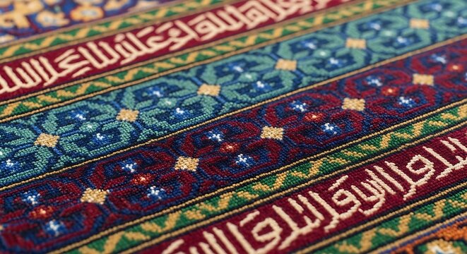 Close-up of a traditional woven fabric with intricate patterns. Handcrafted textile featuring geometric and floral designs. Cultural heritage mater...