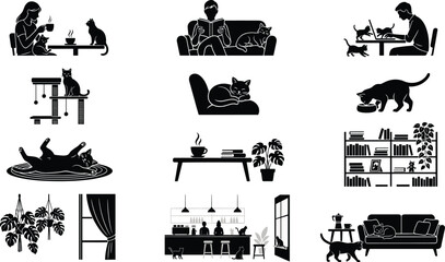 Obraz premium Cat Lover Lifestyle Silhouette Collection Featuring Cozy Home Scenes Playful Kittens Reading Relaxation Pet Care Vector Illustration Set