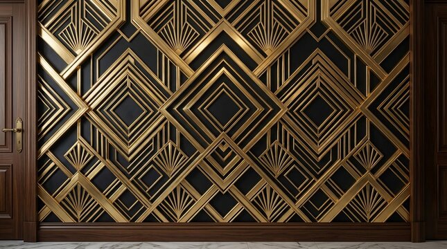 Geometric art deco wall design with gold and black accents