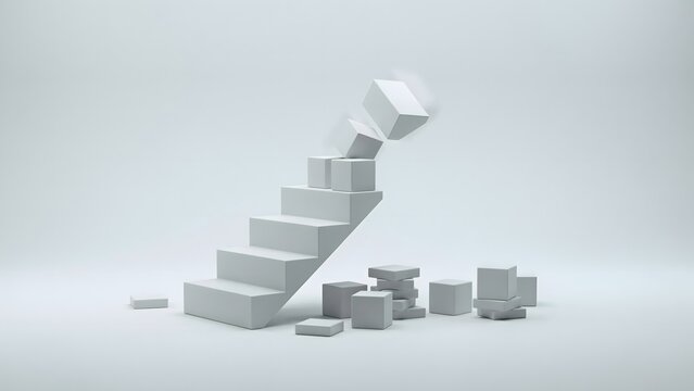 White geometric blocks assembling into staircase in studio &ndash; Ideal for step by step progress, career growth, or constructive building.