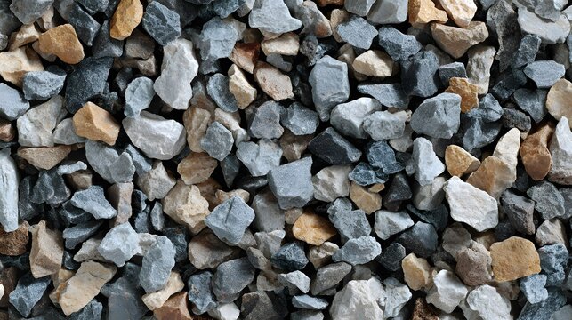 Close-up view of angular crushed stone fragments in various shades of gray and beige