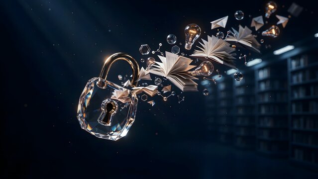 Open crystal padlock releasing floating books and idea shapes &ndash; Suitable for security access, unlocking innovation, or intellectual property.