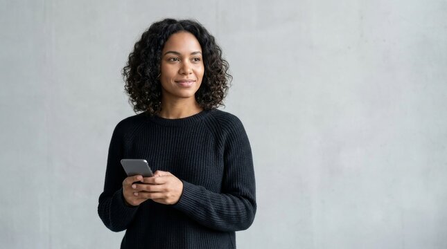 Confident Smiling Young Black Woman in Black Sweater Holding Smartphone and Looking Away Against Textured Grey Wall with Copy Space