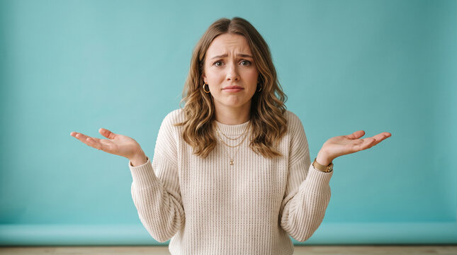 Confused Young Woman Shrugging Shoulders and Looking Uncertain Against Blue Backdrop