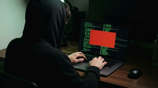 A person in a black hooded sweatshirt typing on a laptop computer in a dark room with green computer code displayed on the screen and a red box