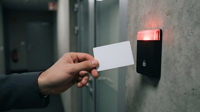 A person in a suit using a white access card to unlock a security door by tapping it against an electronic reader with a glowing red light