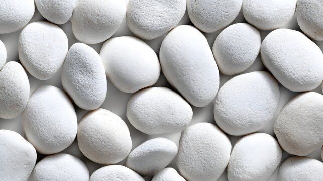 Smooth white decorative pebbles texture with rounded shapes tightly packed