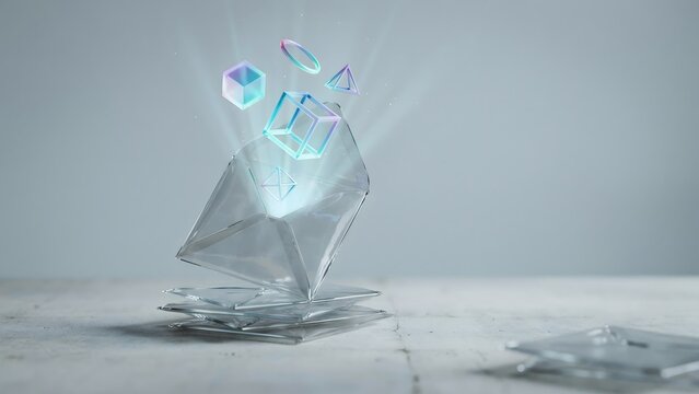 Transparent envelopes releasing glowing wireframe geometric shapes &ndash; Ideal for digital communication, creative messages, or idea generation.