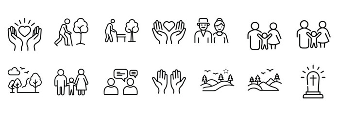 Fototapeta premium Care line icons set with family, love, elderly, couple, support, help, hands, children, senior, parents, community, human, health & more vector illustration with editable stroke.