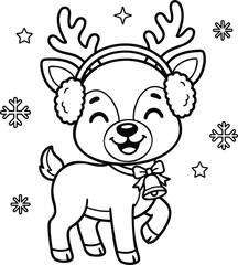 Obraz premium Cute cartoon baby reindeer wearing white earmuffs, surrounded by falling snowflakes cartoon reindeer