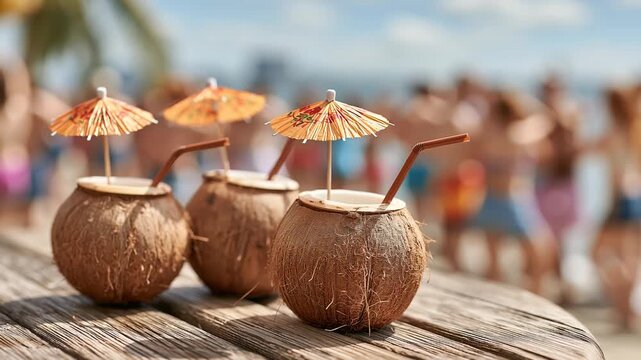 Beautiful coconuts with straws on the table against the backdrop of a stunning resort, summer