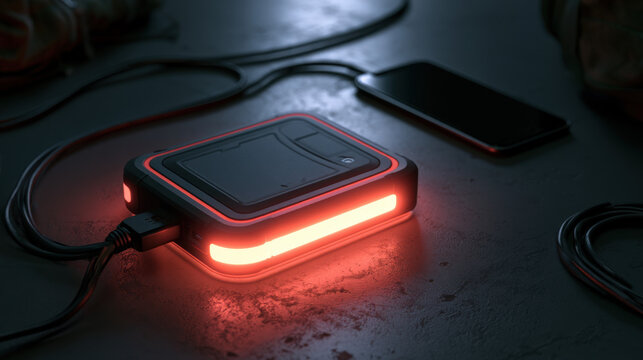 A charging device is connected to a smartphone on a dark surface. The device has a bright light shining around its edges. Cables are visible nearby